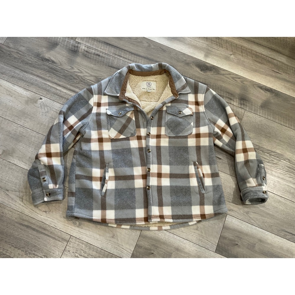Sage Collective Women XXL Grey Plaid Sherpa Lined Fleece‎ Shacket Jacket